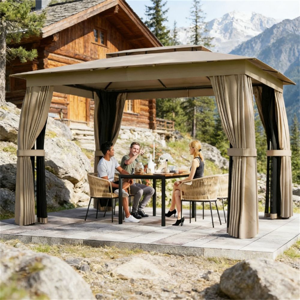 Outdoor terrace sunshade, pavilion, soft top pavilion with curtains, khaki color