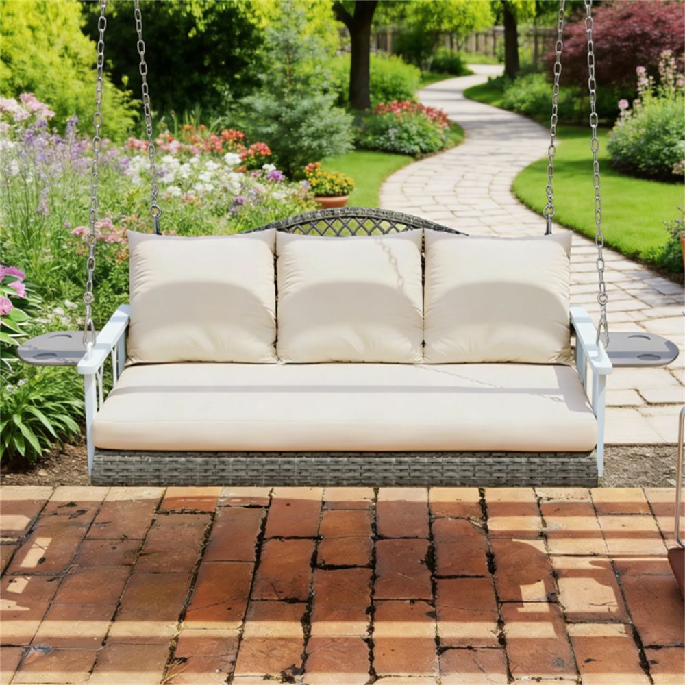 Outdoor terrace swing, porch swing frame, natural (with cushion)