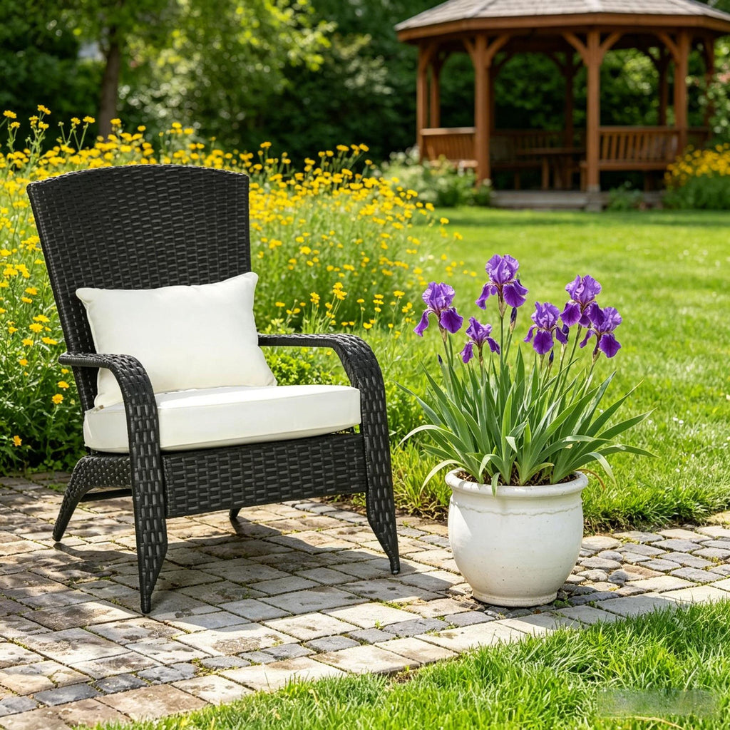 Outdoor Wicker Adirondack Chair Cream White Rattan Fire Pit Chair with Soft Cushions All-Weather Tall Curved Backrest