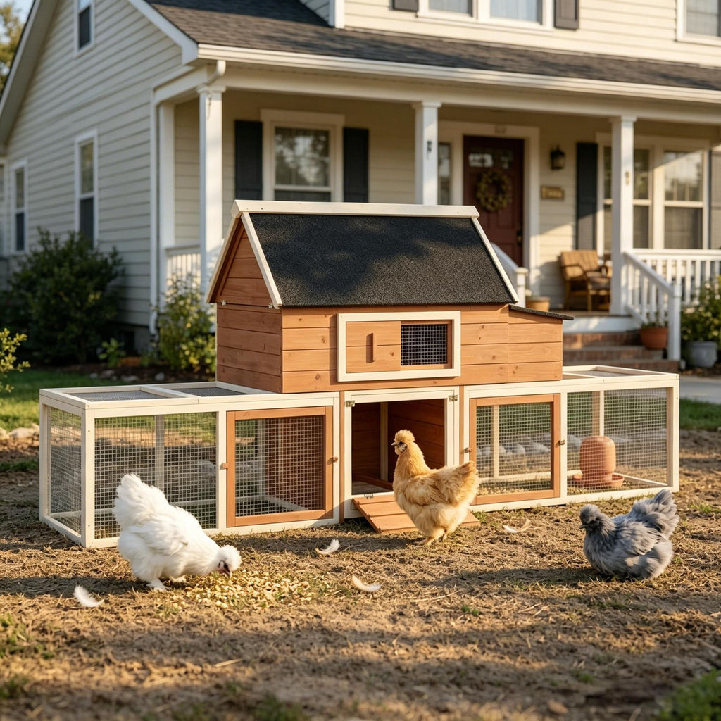 Outdoor Wooden Chicken Coop with Nesting Box Double Runs And Asphalt Roof Ramp Poultry Hen House for Garden