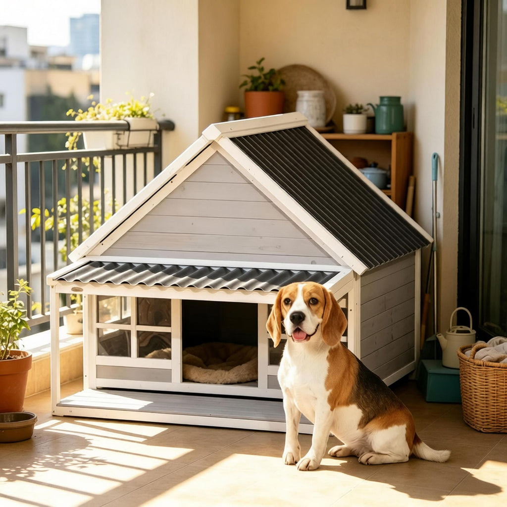 Outdoor Wooden Dog House with Porch Tilt Roof Front Door And Windows for Medium to Large Dogs Durable Shelter with Comfort Features