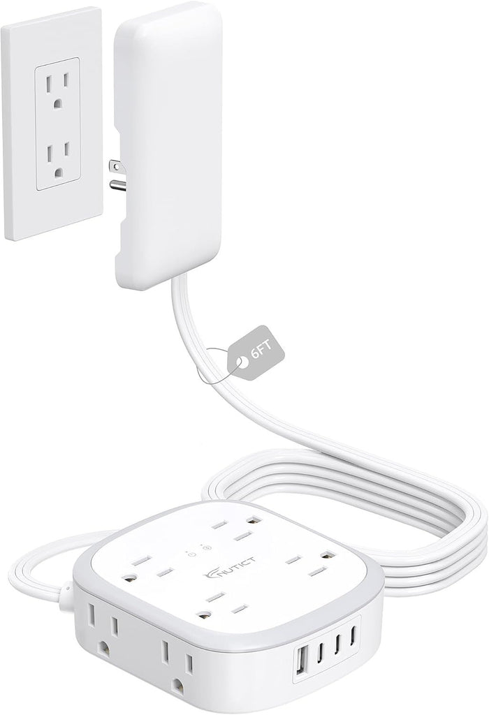 Outlet Cover Extension Cord Flat 6ft, Flat Plug Power Strip with 8 Outlets & 3 USB-C & 1 USB-A Port, 13A/1625W, 1440J Surge Protector, Indoor 3 Prong Flat Wall Plug for Tight Spaces, White