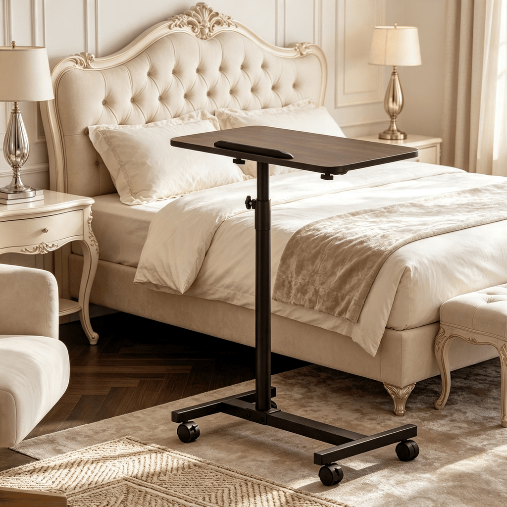 over Bed Food Tray Small Rolling Computer Table with Wheels Portable Armrests