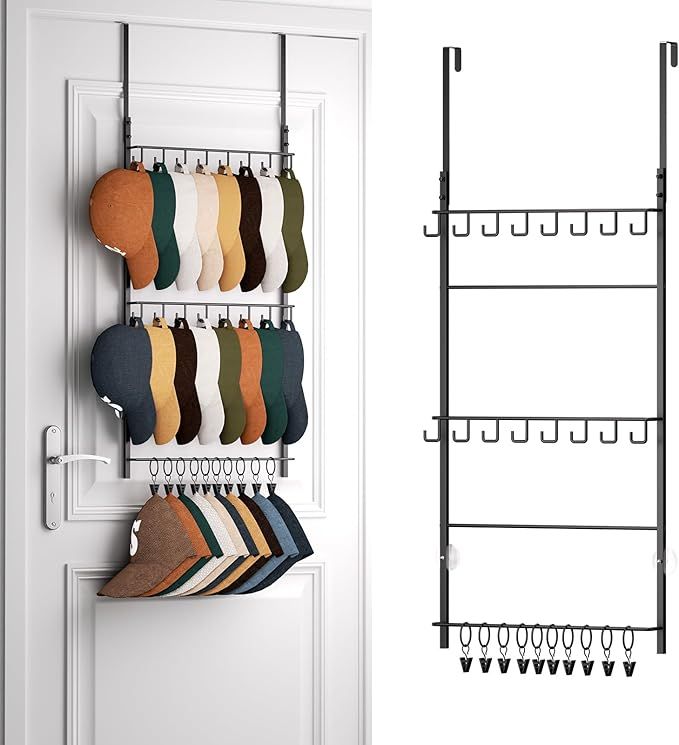 Over Door Hat Rack - 3 Tier Wall Mounted Hat Organizer with 16 Hooks and 10 Movable Clips, Baseball Cap Organizer Storage Holds up to 26 Caps for Door, Bedroom, Closet USPTO Patent Pending