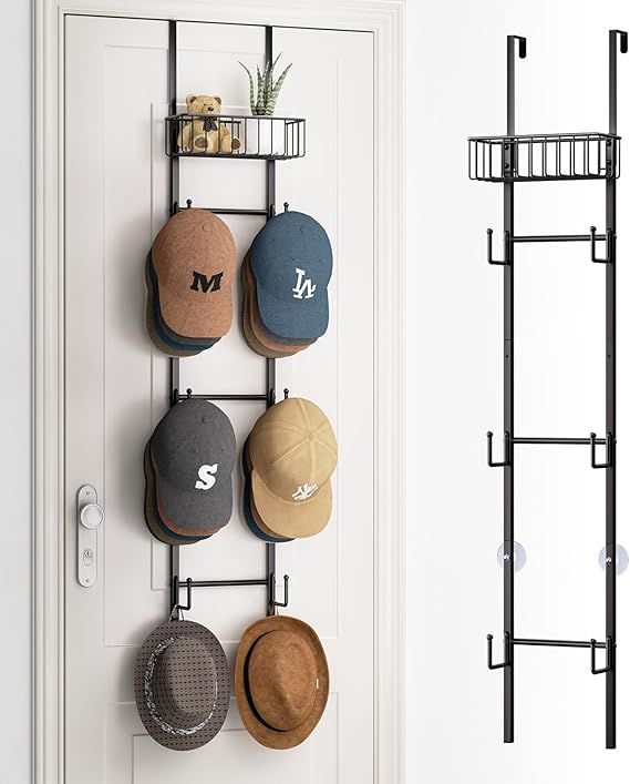 Over Door Hat Rack - Wall Mounted Hat Organizer with 6 Hooks and Metal Basket Design, Baseball Cap Organizer Storage Holder Up to 32 Caps for Door, Bedroom, Closet (Black)