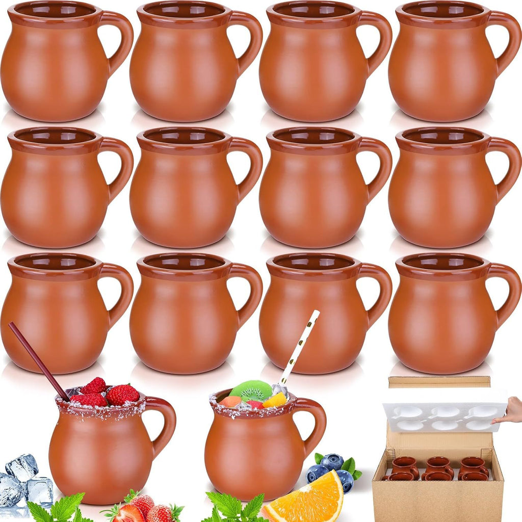 Pack of 12 12 oz Cantaritos De Barro Clay Cups Mexican Clay Mugs Fiesta De Barro Mexicanos Coffee Mugs, Cocktail Glasses and Tea Cups for Tequila, Margaritas, Mojitos Cold Hot Drinks (Brick Red)