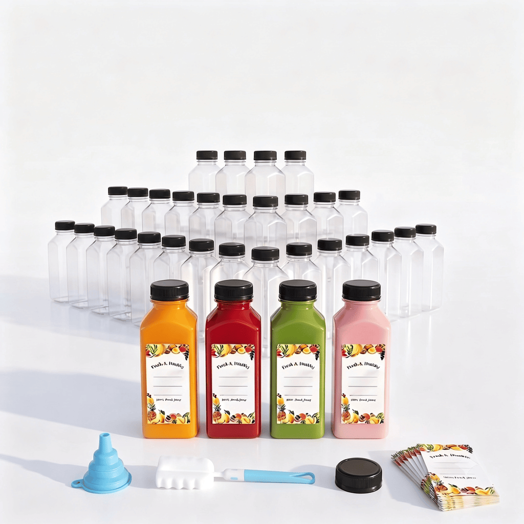 Pack of 45 Clear Beverage Containers with Lids, 12 oz Empty Plastic Smoothie Bottles for Juicing - Includes DIY Labels, Funnel and Cleaning Brush for Milk, Tea