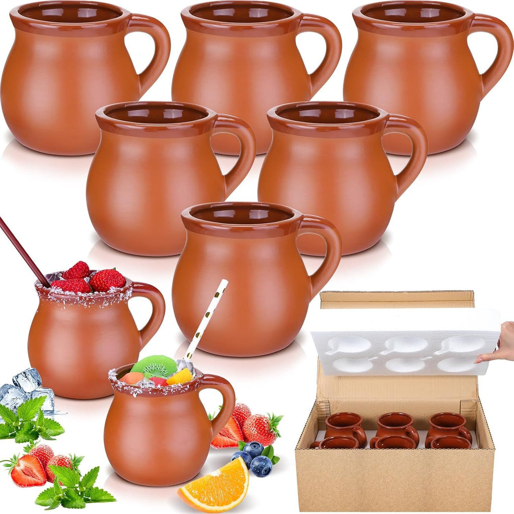 Pack of 6 12 oz Cantaritos De Barro Clay Cups Mexican Clay Mugs Fiesta De Barro Mexicanos Coffee Mugs, Cocktail Glasses and Tea Cups for Tequila, Margaritas, Mojitos Cold Hot Drinks (Brick Red)