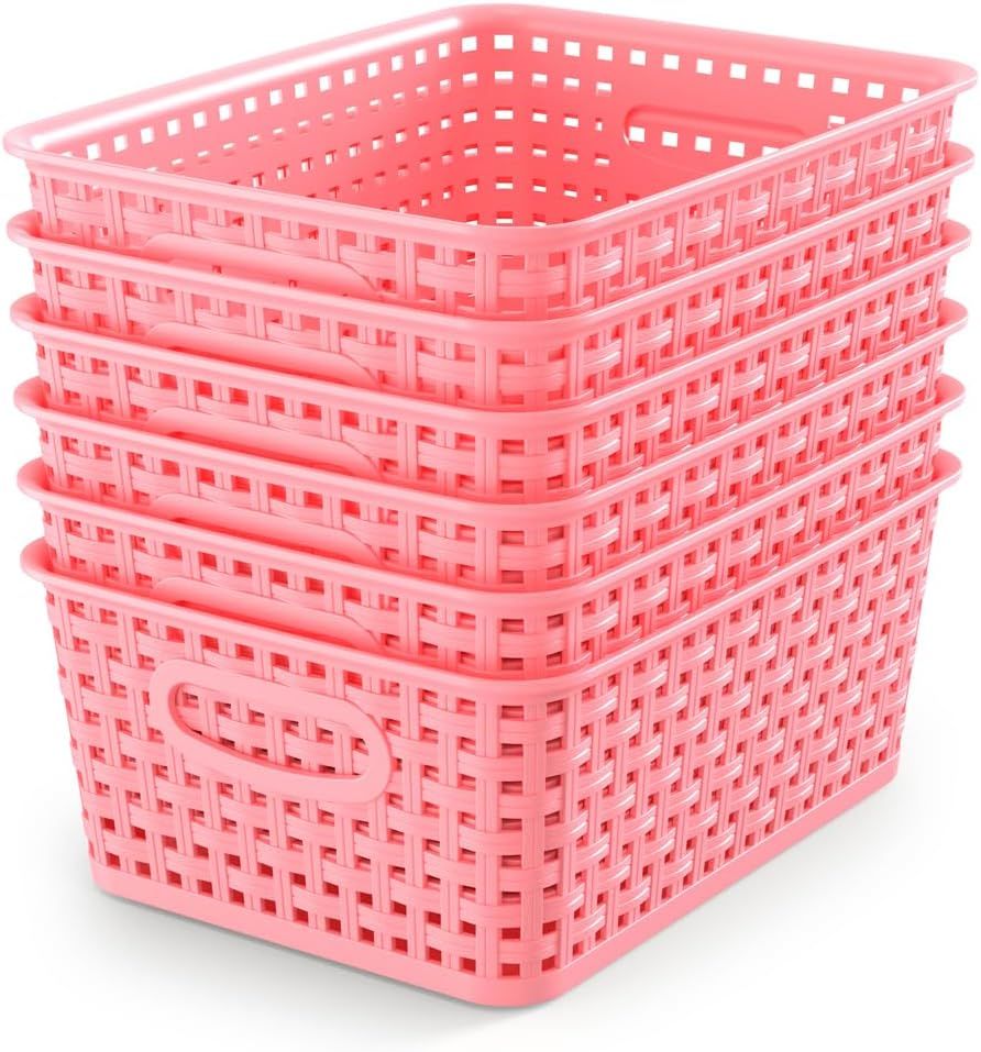 -Pack Plastic Small Shelf Storage Weave Baskets Organizing for Cabinets and Pantries, Pink
