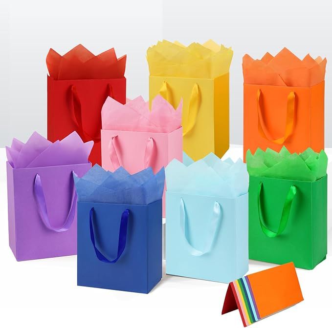 Package Gift Bags Medium Size with Handles, 8 pcs Gift Bag Set with 16 Tissue Papers & 8 Greeting Cards for Birthday, Holidays, Party Wrap