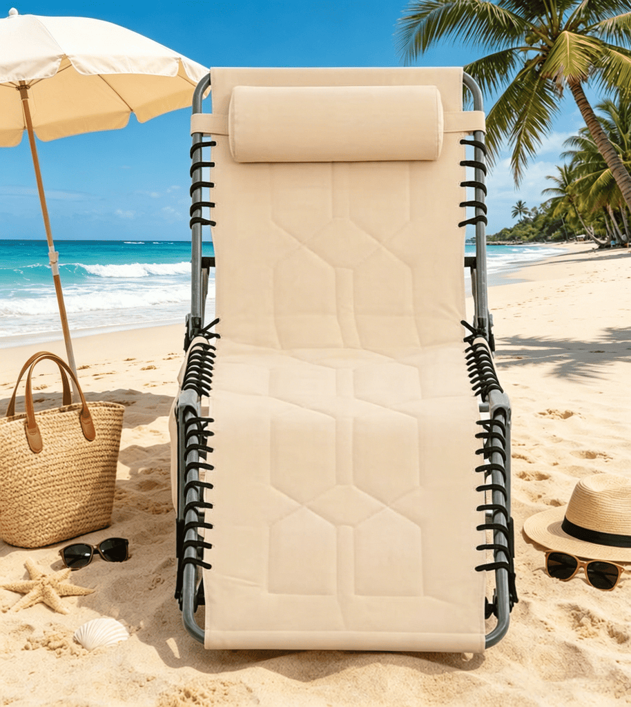 Padded Folding Chaise Lounge Chair Outdoor 6-Level Reclining Camping Tanning Chair with Headrest for Beach Yard Patio Pool