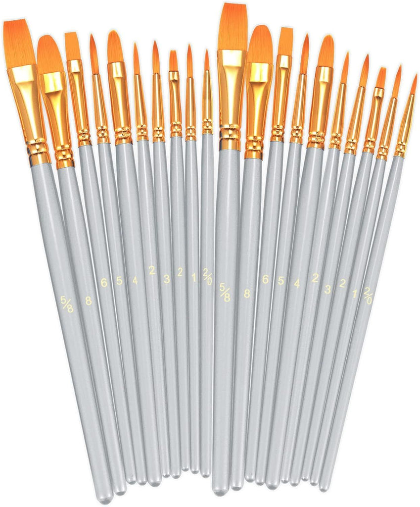 Paint Brushes Set, 2 Pack 20 Pcs Round Pointed Tip Paintbrushes Nylon Hair Artist Acrylic Paint Brushes for Acrylic Oil Watercolor, Face Nail Art, Miniature Detailing & Rock Painting, Silver