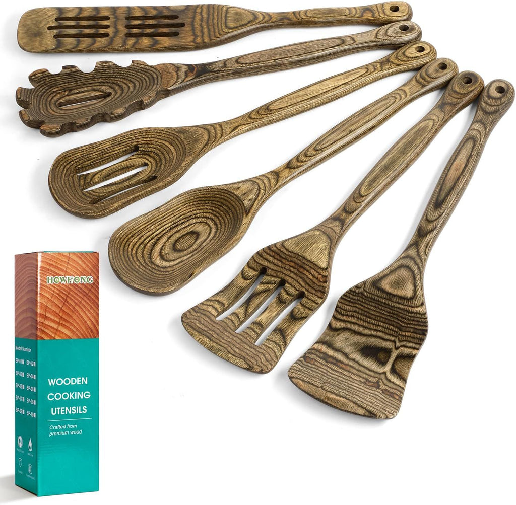Pakkawood 6-Piece Wooden Cooking Utensil Set - HOWHONG Wood Kitchen Utensil Set, Wooden Spoons for Cooking and Serving, Nonstick Safe Non-Toxic Wooden Cooking Tools Long Handle Design (Granite Color)