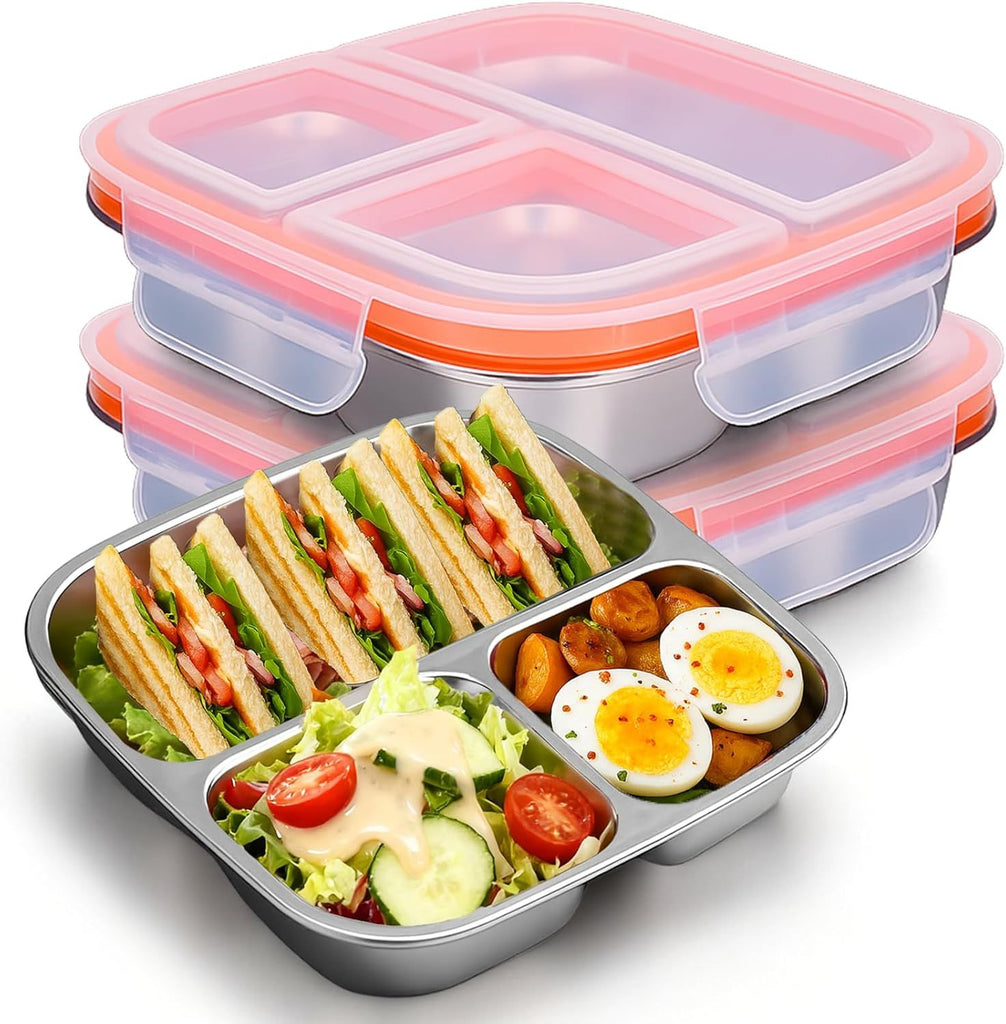 Palksky Lunch Box Containers Stainless Steel, Bento Lunch Box for Adults Men Women, 3-Compartments Metal Food Storage Containers with Leakproof Lids for Travel Picnics Office (2 Packs)