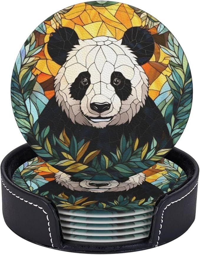 Panda Drink Coaster Set of 6, Panda Decor Gifts, Leather Drink Coasters with Holder, 6 Pack Cup/Bar/Drink Coasters for Table/Drinks/Coffee Protection Housewarming Gift