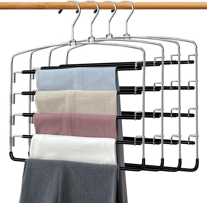 Pants Hangers 4 Pieces,5 Tier Closet Organizers and Storage Clothes Hanger,Hangers Space Saving with Swing Arm,Multiple Metal Hanger Clothes Organization for Pants Trousers Jeans Leggings Slacks