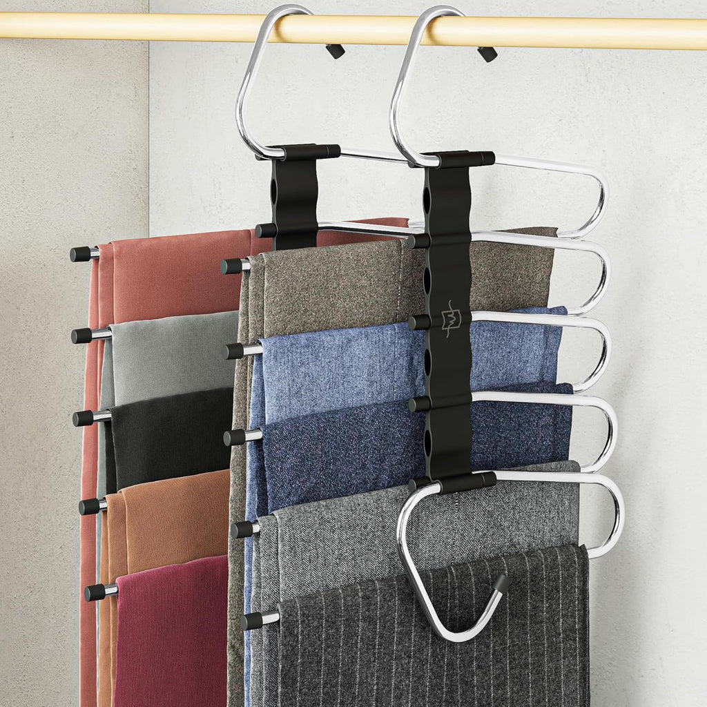Pants Hangers Space Saving - 2 Pack - Non-Slip Multi-Layer Space Saving Hangers - Multifunctional Clothing Rack for Closet Storage - Ideal for Jeans, Trousers, Skirts, Scarves & Slacks (Black)