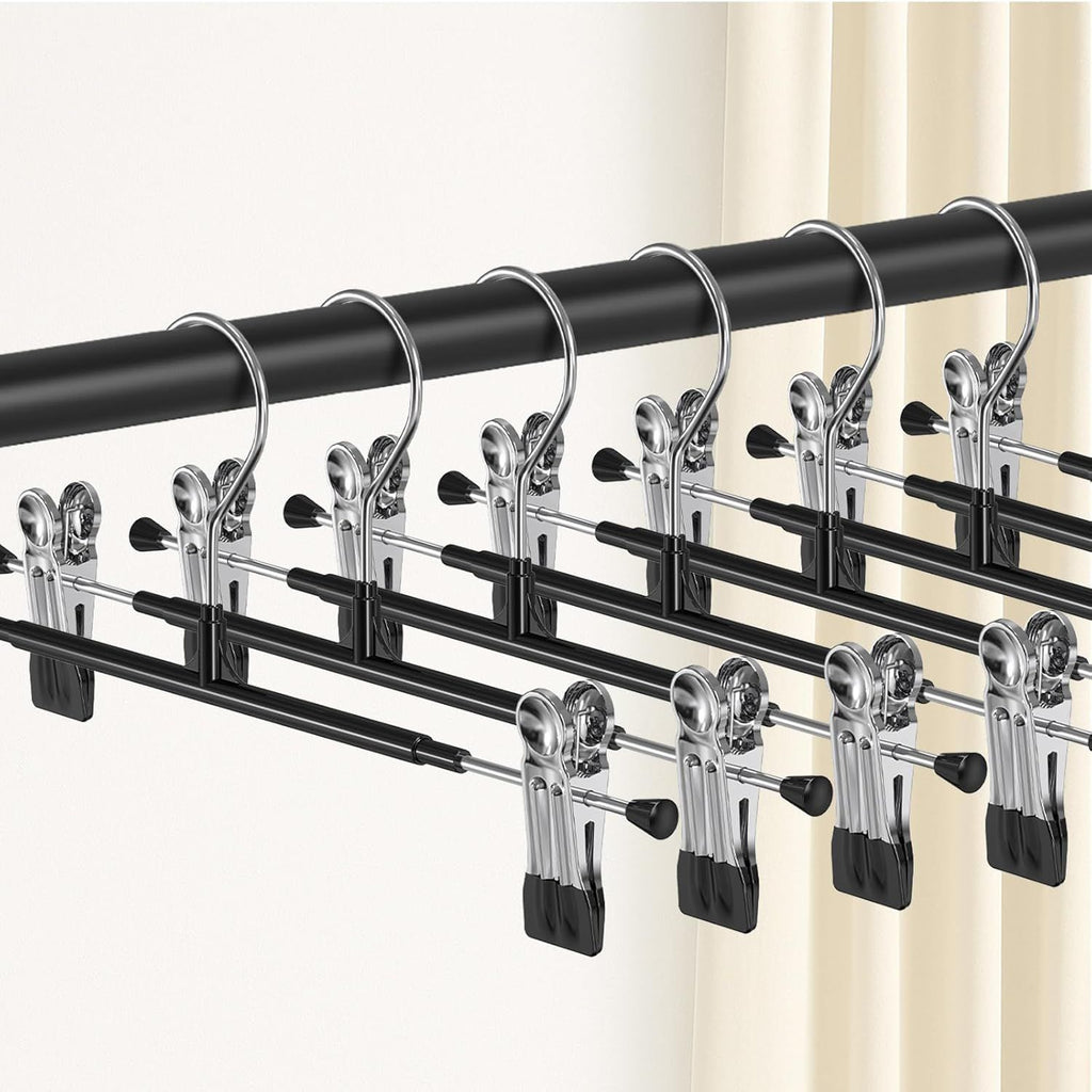 Pants Hangers with Clips 30Pack, 12Inch Adjustable Skirt Hangers for Women, Space Saving Non-Slip Hangers for Shorts, Jeans, Coat, Kids' Clothes (Black, 30Pack)