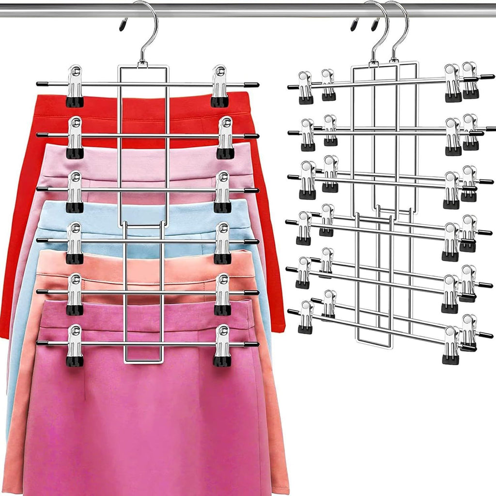 Pants Hangers with Clips, Space Saving Hanging Closet Organizer-6 Tiers Skirt Hangers 2 Pack