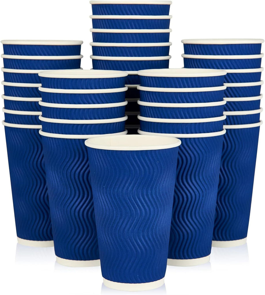Paper Coffee Cups, 16 oz, Blue, 60 Pack, Heat Resistant, Disposable, Ripple Wall, for Coffee, Tea, Hot Chocolate
