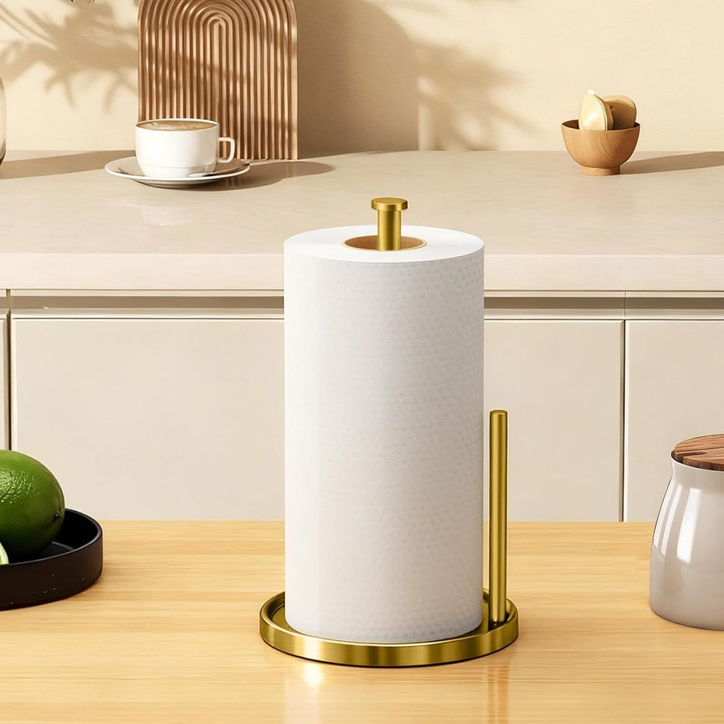 Paper Towel Holder Countertop, Standing Paper Roll Holder with Anti Slip Weighted Base, Stainless Steel Freestanding Paper Towel Holder for Kitchen, Gold
