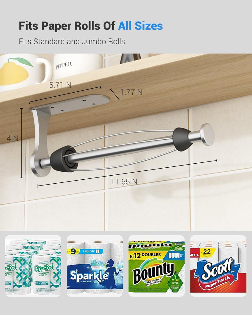 Paper Towel Holder Under Cabinet, One-Handed Tear, Wall Mount, Adhesive, Silver, Paper Roll Holder with Ratchet Mechanism for Kitchen Bathroom Farmhouse Essentials Decor Accessories