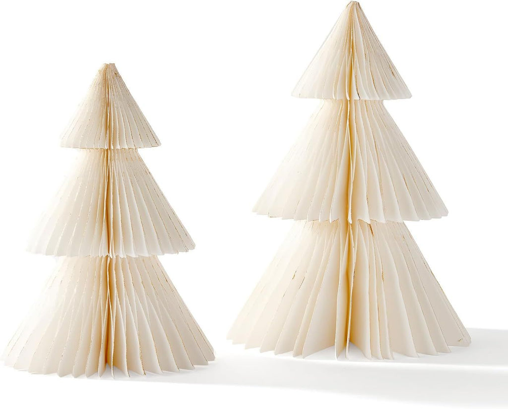Paper Tree Decor, 2 Pack Honeycomb Paper Trees, 10 & 12 Inch, White & Gold Glitter Edge, Christmas Table Decor, Holiday Table Centerpieces, Christmas Decorations