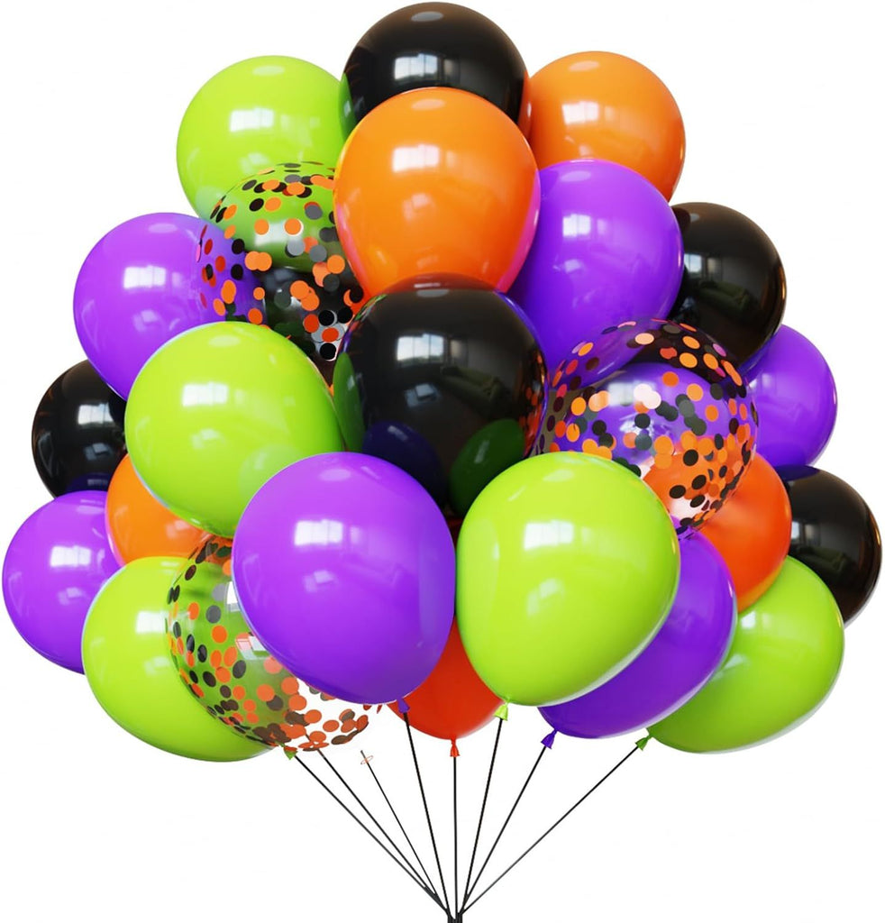 Party Balloons, 67pcs 12 Inch Black Orange and Purple Green Latex Balloons for Birthday, Halloween Party Decorations