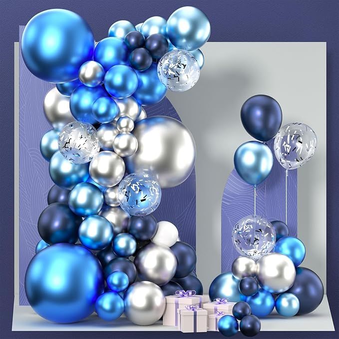 PartyWoo Blue and Silver Balloon Garland, 100 pcs Balloons Different Sizes Pack of 18 Inch 12 Inch 10 Inch 5 Inch Navy Blue Silver Metallic Balloons for Birthday Decorations, Party Decorations