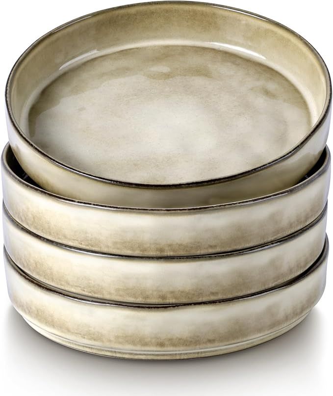 Pasta Bowls, 8.25'' Large Bowl Sets of 4, Stoneware Round Shallow Dinner Plates for Meal, Ceramic Salad Serving Plate for Cereal, Soup, Dishwasher & Microwave Safe, Sandy Beige