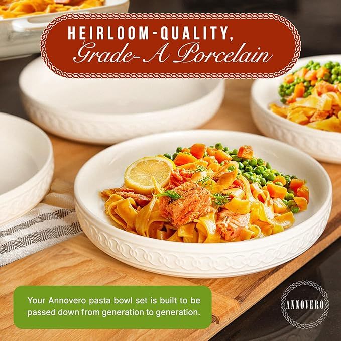 Pasta Bowls Set for 4 - Dinner Bowl Plates - Blates - Flat Dinnerware - Large Shallow White Dishes - Big Rimmed Porcelain Serving Dish for Eating Spaghetti - 40 Oz Capacity - 9 Inch Diameter