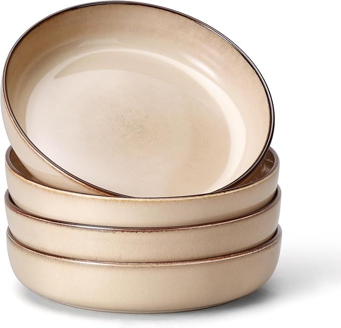 Pasta Bowls Set of 4, 35oz Large Salad Bowls for Serving, Wide and Shallow Ceramic Plates for Kitchen, Double Reactive Glaze, Microwave and Dishwasher Safe, Sandy Beige
