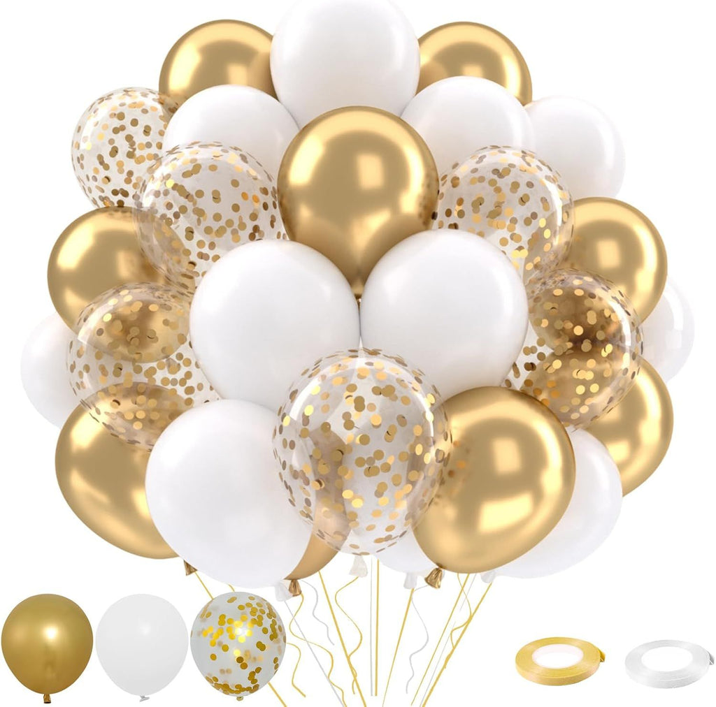 Patimate White and Gold Balloons Set, 50 pcs 12 inch Metallic Gold White Gold Confetti Latex Balloons Kit for Birthday Engagement Wedding Anniversary Party Decorations