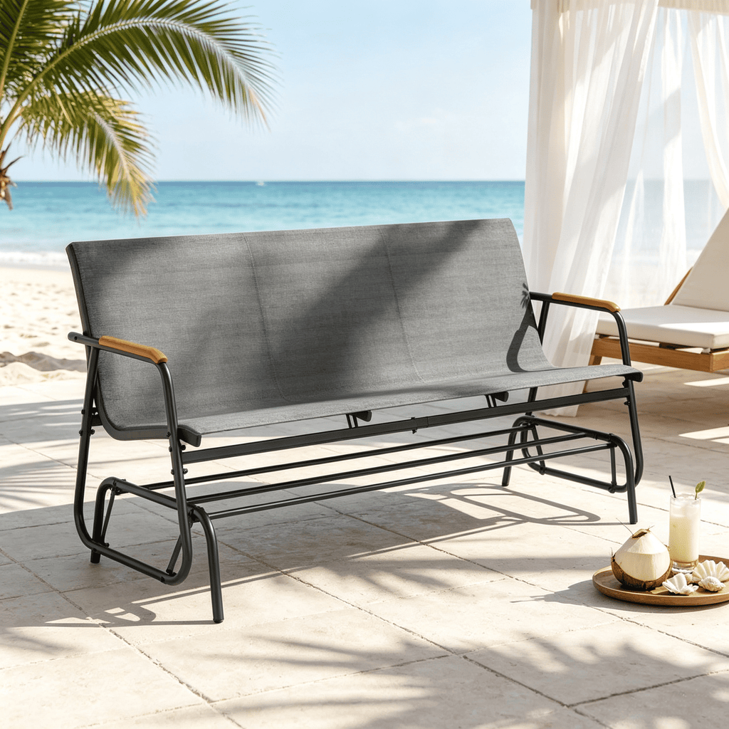 Patio Glider Bench for 3 People with Curved Teak Armrests Breathable Fabric Seat Outdoor Furniture