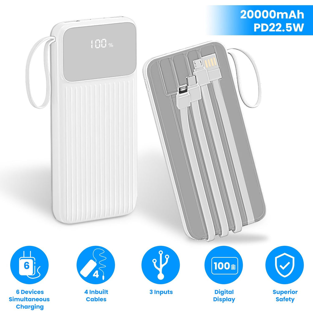 PD22.5W Fast Charger 20000mAh Fast Charging Power Bank Portable Charger with 4 Inbuilt Cables Digital Display Handle Fit For IOSPhone 15/14 Android And More