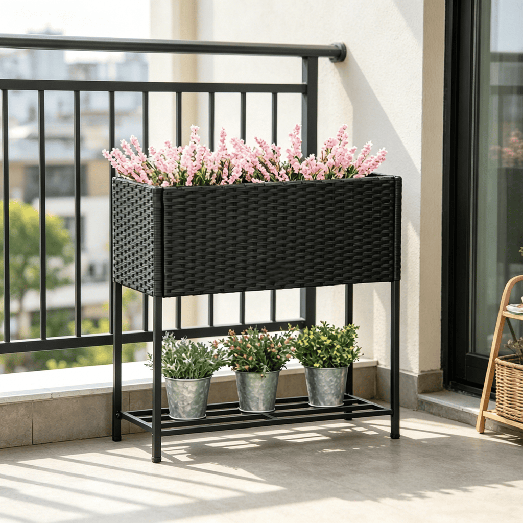 PE Rattan Wicker Raised Planter Box with Rack Shelf for Flower And Vegetable Garden Outdoor Indoor Plant Growing Container