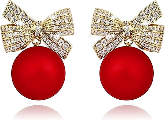 Pearl Bow Christmas Earrings for Women | Trendy Cute Sparkle Rhinestone Ribbon Dangle Christmas Earring, Holiday Gifts for Women | Christmas Decorations