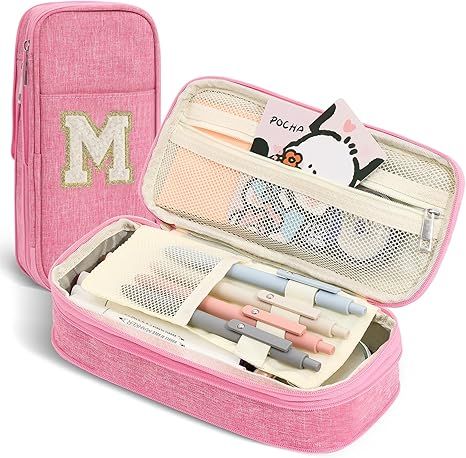 Pencil Bag, Pencil Case for Girls Women, Preppy Pencil Case, Large Initial Pencil Pouch with Zipper, Back to School Supplies, Aesthetic Pen Case Box for Kids Teen Girls - M(Pink)
