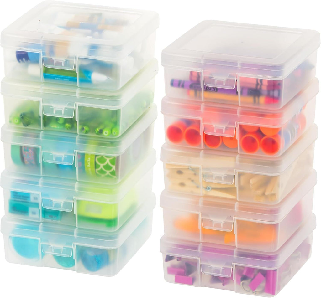 Pencil Case Boxes, 10-Pack, |Made in USA|, Plastic Bead Organizing Containers with Snap Lid for Arts, Crafts, Ephemera, Stickers, & Dance Cheer, Clear - Small
