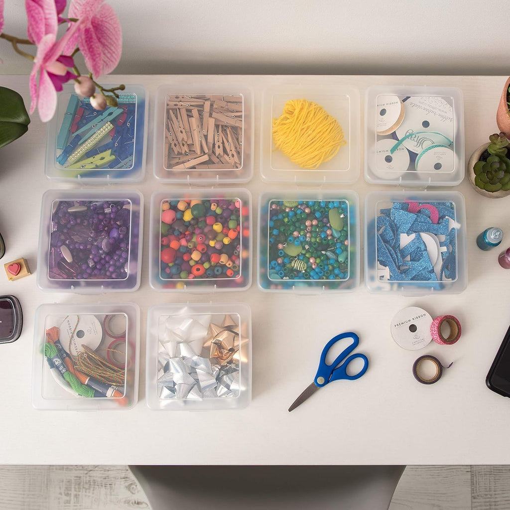 Pencil Case Plastic Pouch Box Storage Organizer for Beads, Pens, and Art Supplies, 10-Pack, Stackable Container with Snap Lid for Jewelry, Stickers, and Tackle Box, Clear, Small
