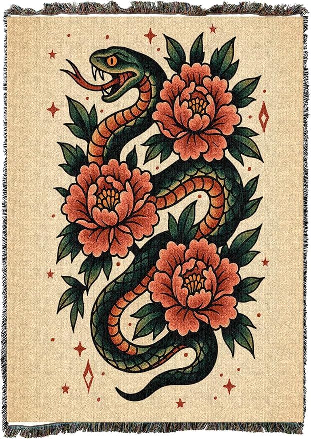 Peony Serpent - Tattoo Design - Tapestry Throw Blanket Woven from Cotton - Made in The USA (50x60)