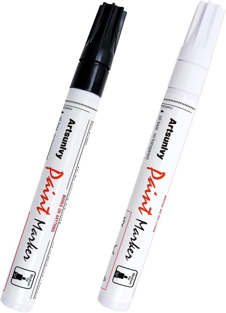 Permanent Paint Pens Paint Markers - 2 Pack Black & White Oil Based Quick Dry Waterproof Markers For Tire, Rubber,Wood, Rocks, Metal, Canvas