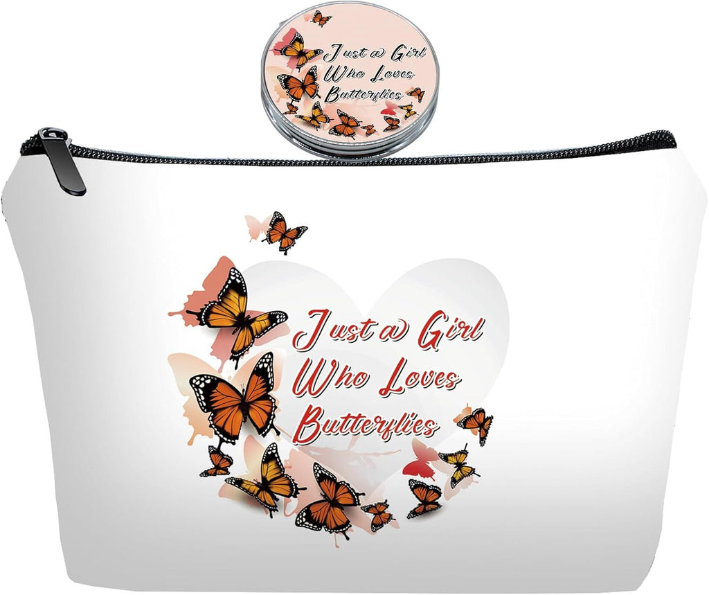 Personalized butterflies love heart Travel Makeup Cosmetic Bag set with Mirror for women girls,brown Butterflies Makeup Bag organizer kit for Travel & Daily Use,Butterfly Gifts for Women Mom