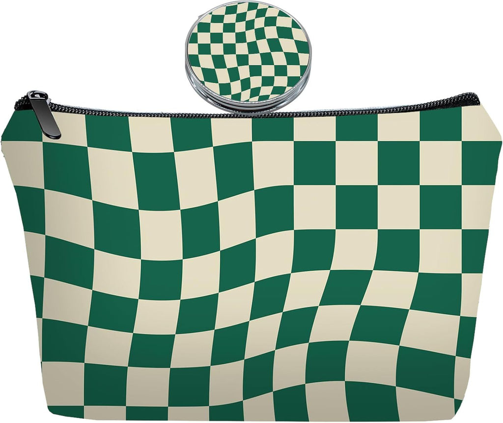 Personalized Green Checkered Travel Makeup Cosmetic Bag set with Mirror for women girls,Checkered Makeup Bag organizer kit for Travel & Daily Use,Green Plaid bag Gifts for Mom Girls femal Friends