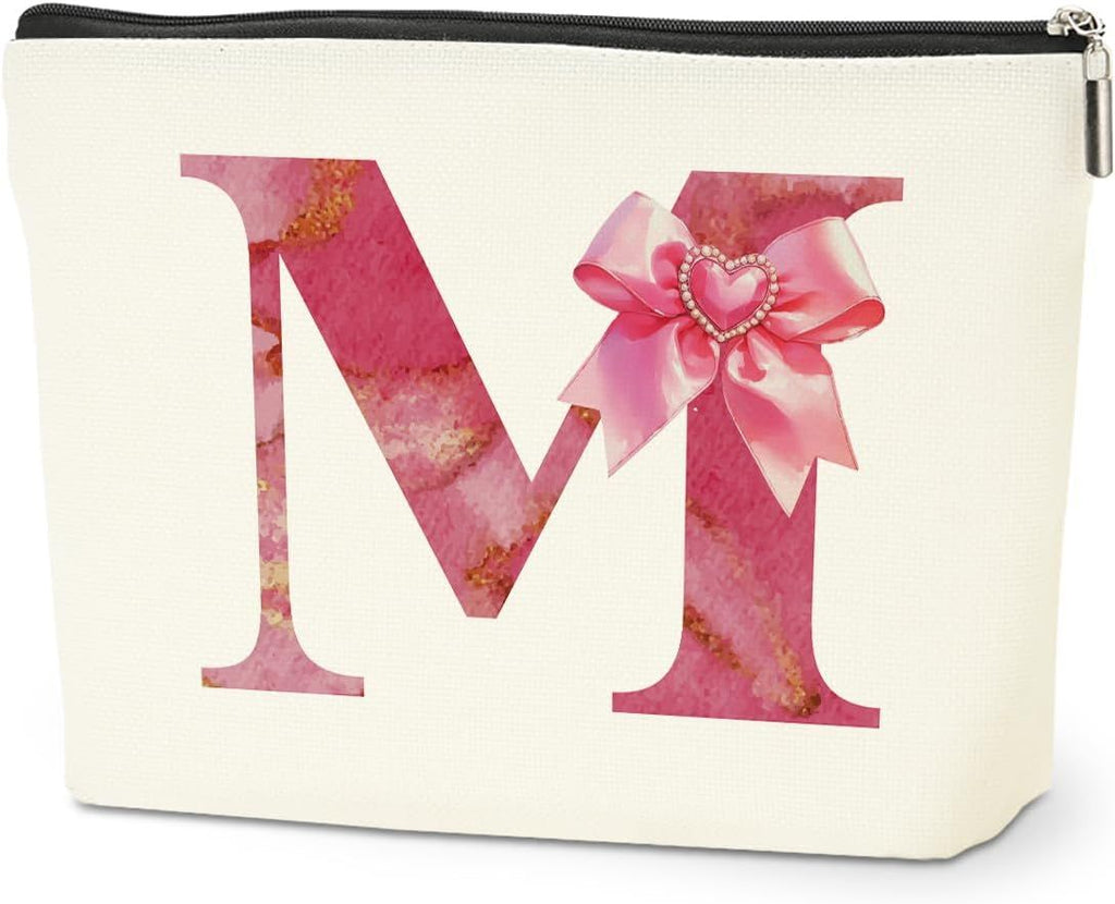 Personalized Initial Makeup Bag, Monogram Bow Travel Toiletry Make Up Bags Cute Preppy Cosmetic Bag Pouch Makeup Organizer Mothers Day Wedding Birthday Gifts for Women Friends Sister Girls Pink M