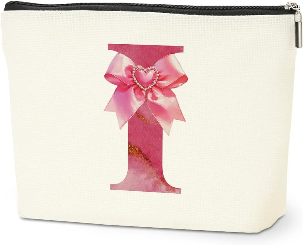 Personalized Initial Makeup Bag, Monogram Bow Travel Toiletry Make Up Bags Cute Preppy Cosmetic Bag Pouch Makeup Organizer Mothers Day Wedding Birthday Gifts for Women Nurse Sister Girls Pink I