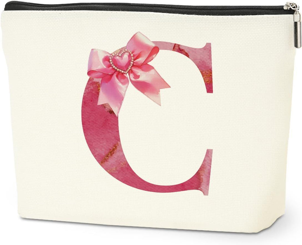 Personalized Initial Makeup Bag, Monogram Bow Travel Toiletry Make Up Bags Cute Preppy Cosmetic Bag Pouch Makeup Organizer Mothers Day Wedding Birthday Gifts for Women Nurse Sister Girls Pink C