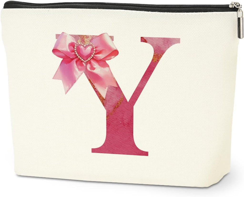 Personalized Initial Makeup Bag, Monogram Bow Travel Toiletry Make Up Bags Cute Preppy Cosmetic Bag Pouch Makeup Organizer Mothers Day Wedding Birthday Gifts for Women Teacher Sister Girls Pink Y
