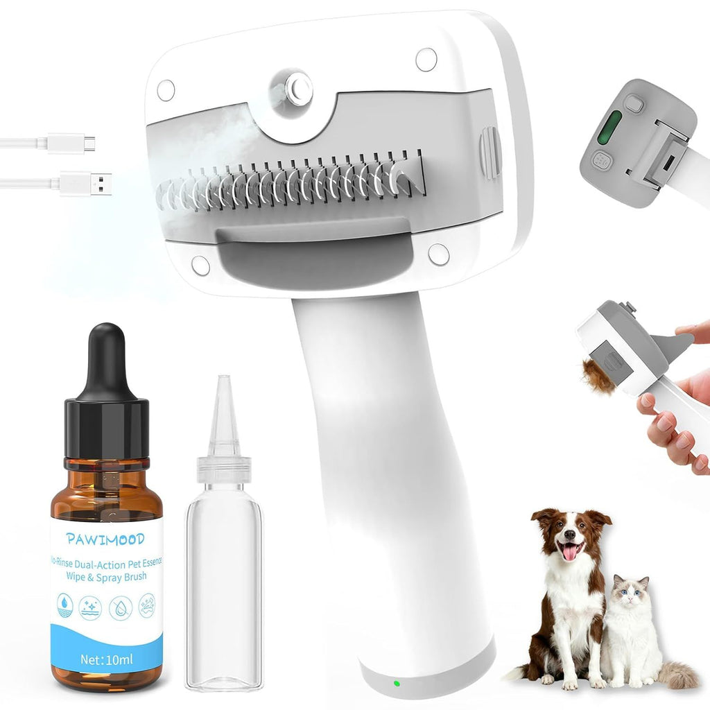 Pet Steam Brush for Dogs & Cats,5-in-1 Self-Cleaning Dog Steam Brush with 3 Swap-in Heads (Grooming, Dematting, Deshedding),Cat Spray Hair Removal Comb,Includes Pet Essence & Storage Bag