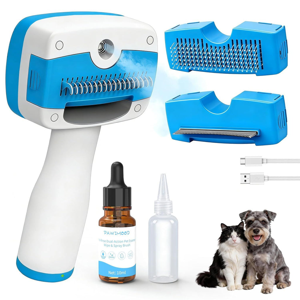 Pet Steam Brush for Dogs & Cats,5-in-1 Self-Cleaning Dog Steam Brush with 3 Swap-in Heads (Grooming, Dematting, Deshedding),Cat Spray Hair Removal Comb,Includes Pet Essence & Storage Bag